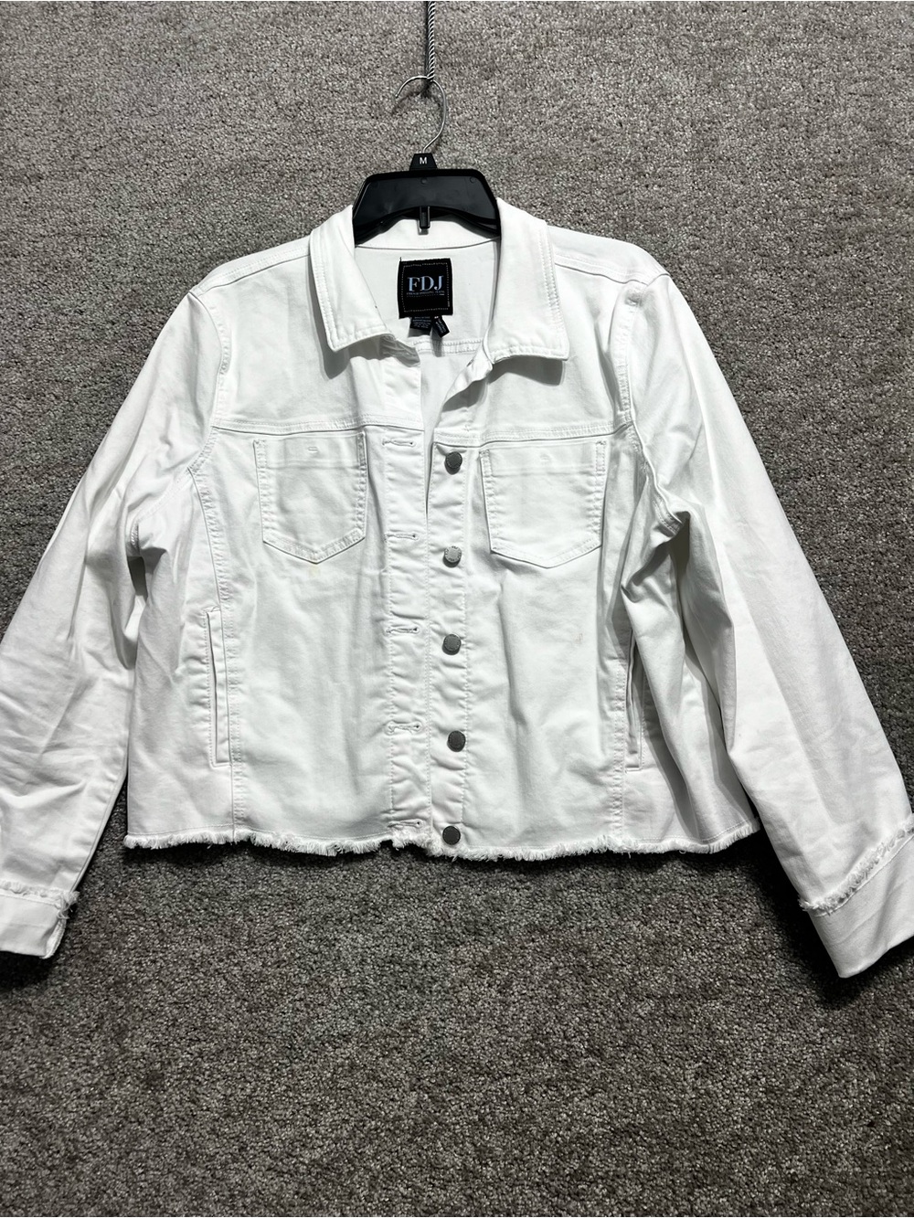 French Dressing Jeans Woman’s White Jean Jacket Raw Hem Cropped Size XL *flaw